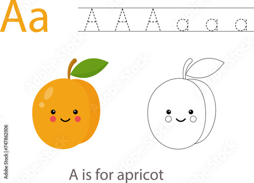 Tracing alphabet letters with cute fruits and vegetables. Color cute cartoon apricot. Trace letter A.