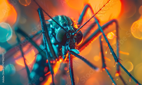 Macro Mosquito. Bright colors. Mosquito is carrier of Malaria, Encephalitis, Dengue and Zika virus concept.