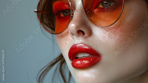 Model with artistic makeup wearing funky sunglasses. Attractive woman with red lipstick and nailpaint looking away. photo