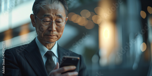 スマートフォンを手に持つ日本人ビジネスマン