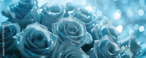 Wide angle view of blue roses with dew, sparkling in soft lighting. Panoramic shot with bokeh effect. Romantic and celebration concept