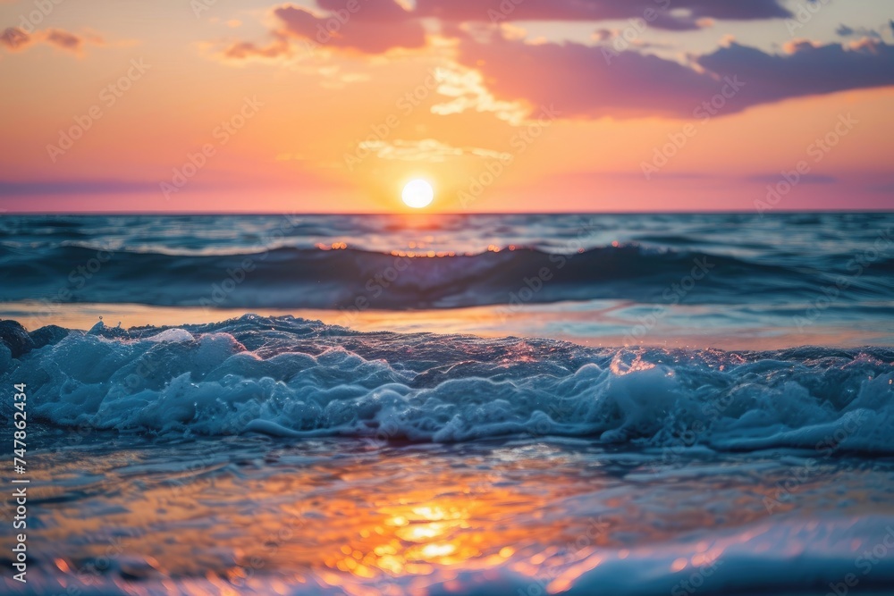 A captivating photograph of the sun descending below the horizon, casting a golden glow on the restless ocean waves, Tranquil view of ocean waves at sunset, AI Generated