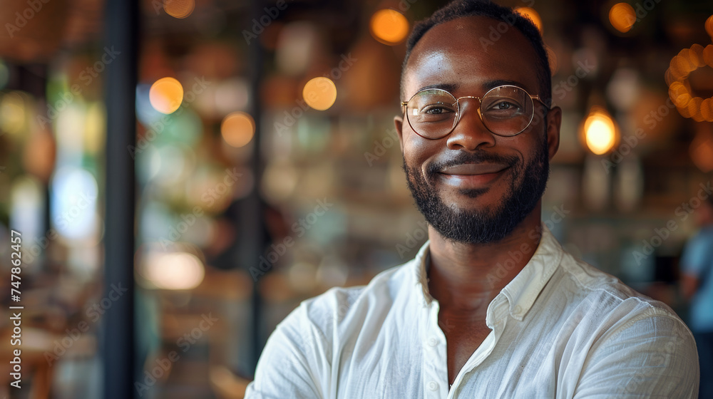 Sharp portrait of a jovial bearded man wearing glasses in a brightly lit eatery Sharp portrait of a jovial bearded man wearing glasses in a brightly lit eatery
