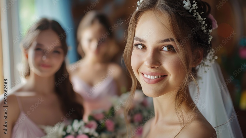 Beautiful bride getting ready for the ceremony with bridesmaids Beautiful bride getting ready for the ceremony with bridesmaids