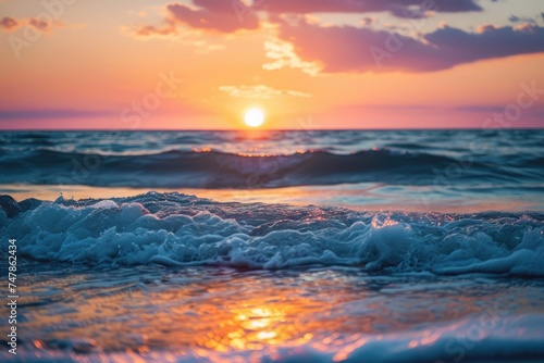 A captivating photograph of the sun descending below the horizon, casting a golden glow on the restless ocean waves, Tranquil view of ocean waves at sunset, AI Generated