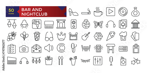 Set of Bar and Nightclub outline mixology icons. Minimalist thin linear web ui icon set. vector illustration.