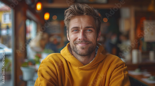 Casual handsome man in yellow hoodie smiling at the camera in a cozy cafe setting