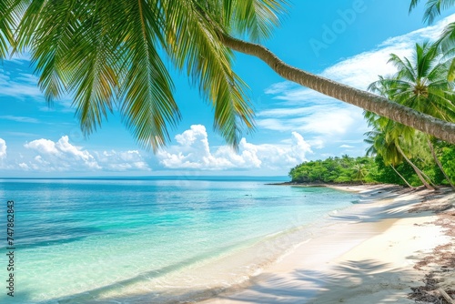 A photo featuring a sunny tropical beach with palm trees and crystal clear water  Tropical beach with palms and turquoise sea  AI Generated