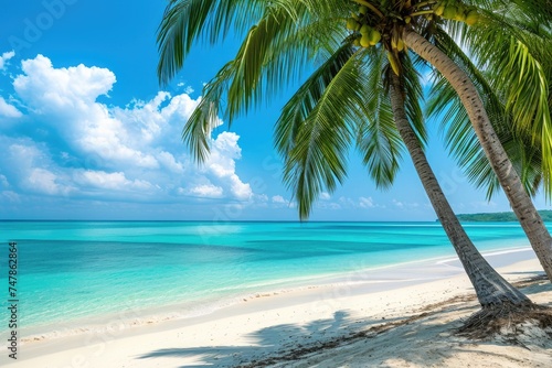 A photo featuring a single palm tree and pristine, crystal-clear blue water at a beautiful beach, Tropical beach with palms and turquoise sea, AI Generated