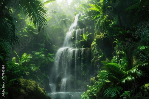 A powerful waterfall rushes down through a verdant forest, creating a breathtaking display of natures force and beauty, Tropical rainforest with multi-level waterfall, AI Generated