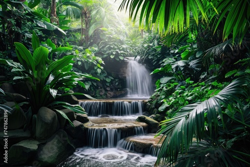 A small waterfall flows gracefully through a vibrant landscape of lush green plants, Tropical rainforest with multi-level waterfall, AI Generated