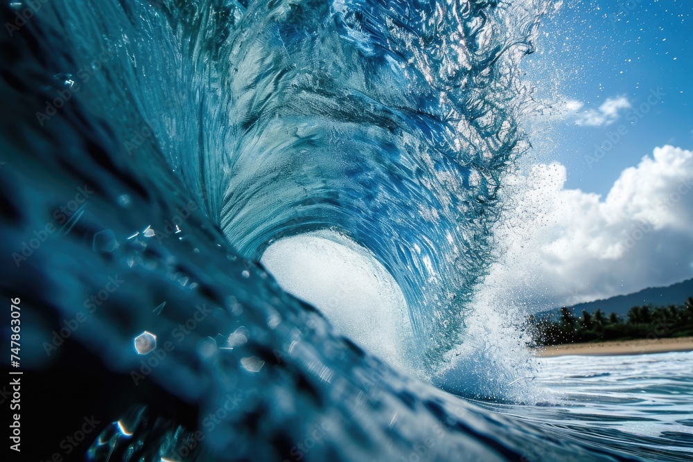 A powerful, large blue wave crashes and breaks into the ocean, creating a dramatic display of natural force, Tunnel vision of a surfing wave, AI Generated - obrazy, fototapety, plakaty 