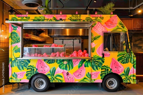 A brightly colored food truck is parked inside a building, serving delicious food to customers, Tropical-themed food truck selling refreshing fruity sorbets, AI Generated