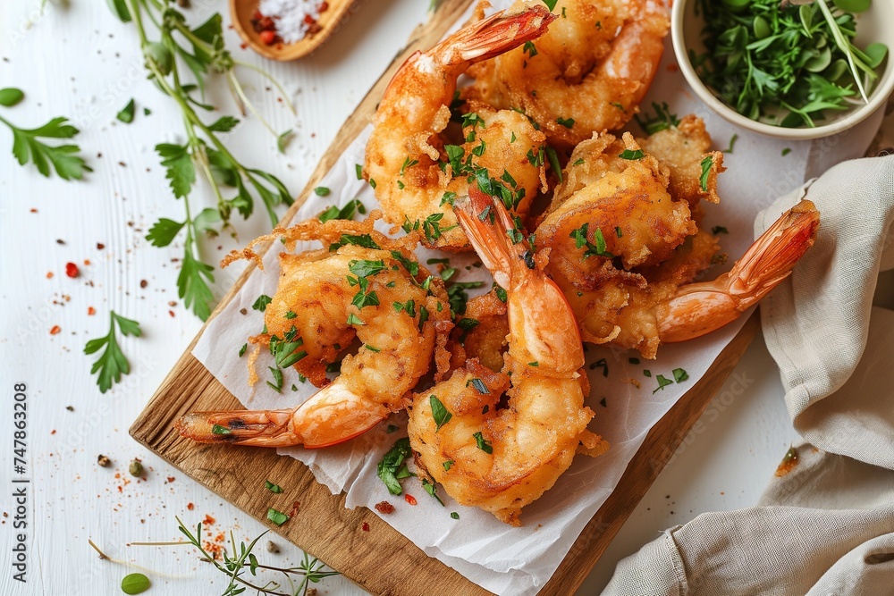 Grilled shrimps or prawns served on paper craft. Seafood. Top view. Grilled shrimps or prawns served on paper craft. Seafood. Top view.