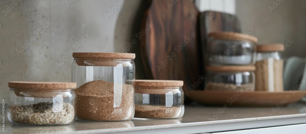 Several stylish glass containers with cork lids are neatly arranged on top of a kitchen counter. These jars provide secure storage and preservation for various items.