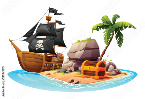 Tropical island with wooden pirate ship, treasure chest, rocks and palm tree. Vector cartoon illustration isolated on white background