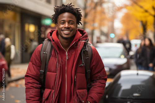 Happy young black man with dreadlocks wearing a red winter jacket and backpack on a bustling city street with autumn leaves.  © RaptorWoman