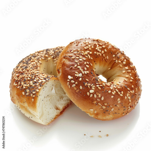A freshly baked bagel on a bright white background