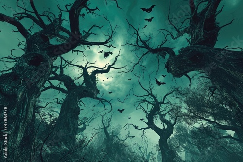 A dense forest teeming with trees completely covered in bats hanging upside-down  Twisted  spooky trees under a sky filled with flying witches  AI Generated