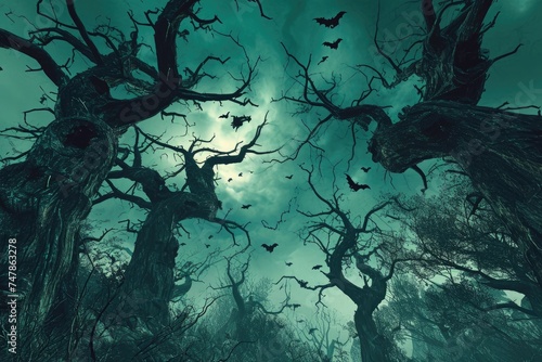 Wallpaper Mural A dense forest teeming with trees completely covered in bats hanging upside-down, Twisted, spooky trees under a sky filled with flying witches, AI Generated Torontodigital.ca