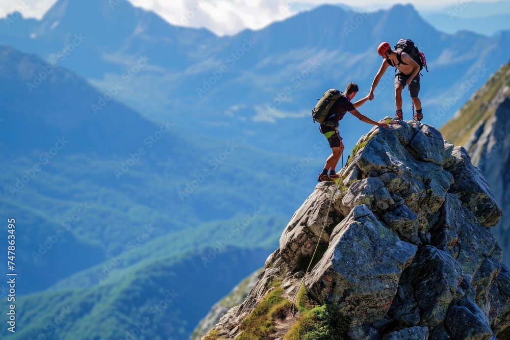 A couple of people stand triumphantly on top of a mountain, admiring the expansive landscape, Two climbers on a mountain trek, one lending a helping hand during the ascent, AI Generated