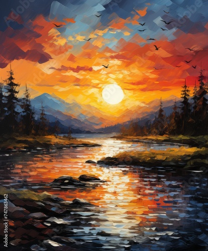 Twilight Majesty: Sunset Over Mountain River