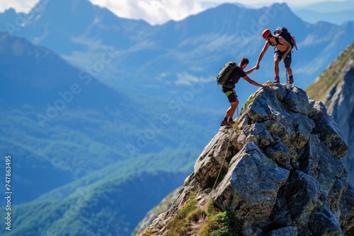 A couple of people stand triumphantly on top of a mountain, admiring the expansive landscape, Two climbers on a mountain trek, one lending a helping hand during the ascent, AI Generated