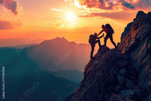 Two People Climbing up a Mountain at Sunset, Two friends conquering a mountain together with one helping the other, AI Generated