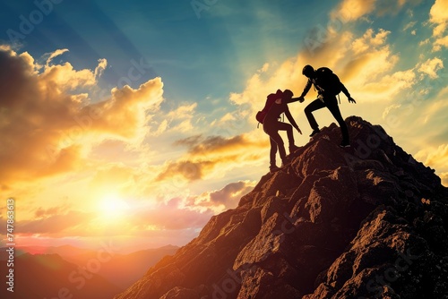 Two individuals vigorously climbing up a majestic mountain as the sun sets, Two friends conquering a mountain together with one helping the other, AI Generated
