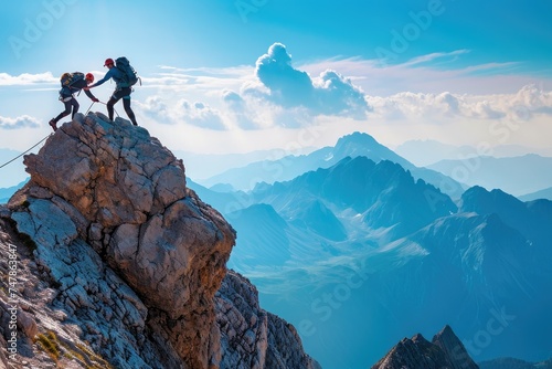 Two individuals wearing climbing gear making their way up the steep side of a towering mountain, Two mountain climbers on a challenging climb, one aiding the other to the top, AI Generated