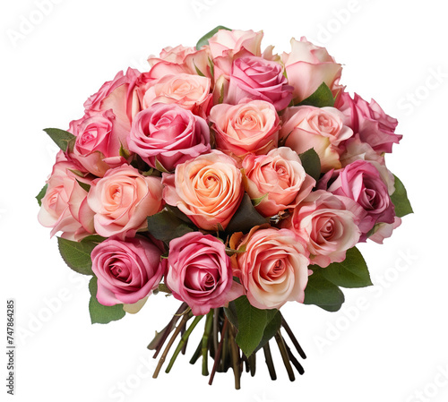 Beautiful bouquet of pink roses with lush green leaves  cut out