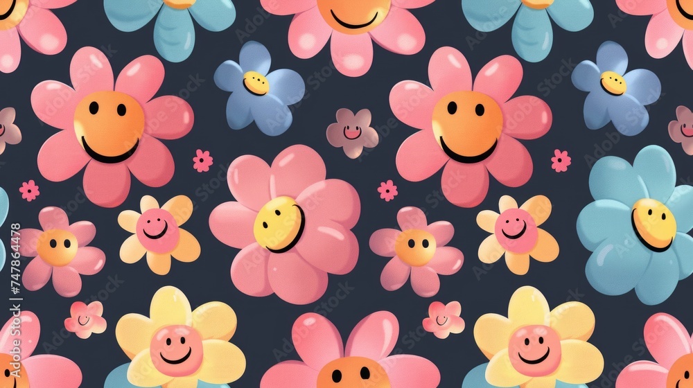 funny kawaii smile face flowers, seamless pattern, on blue navy pastel background funny kawaii smile face flowers, seamless pattern, on blue navy pastel background