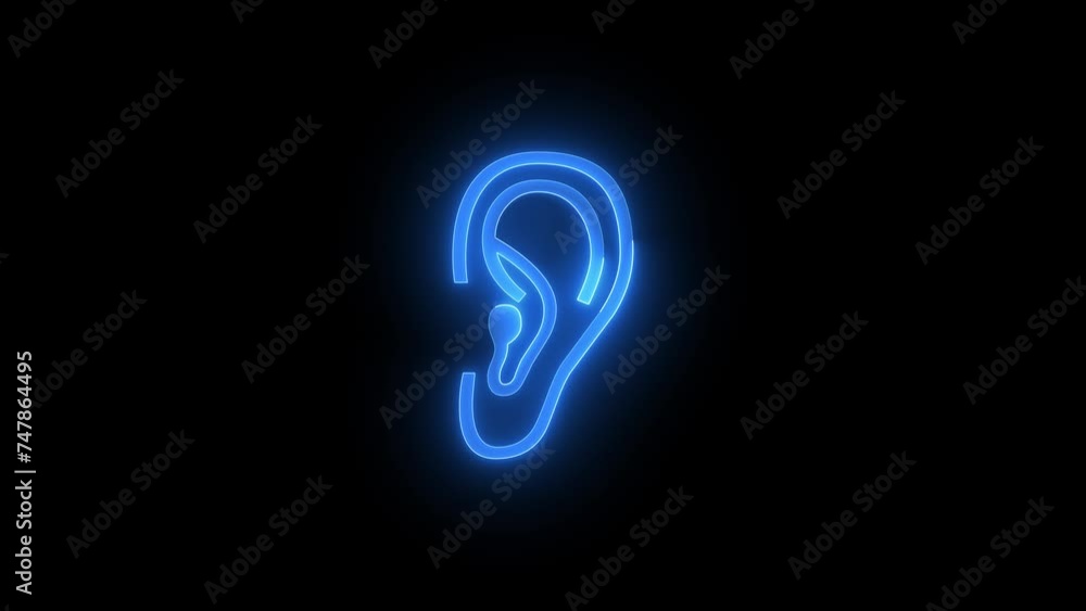 Ear icon glowing neon blue color animation black background Ear icon glowing neon blue color animation black background