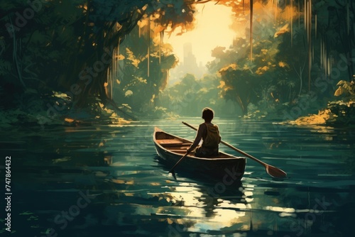 boy rowing a boat in a river through the forest, digital art style photo