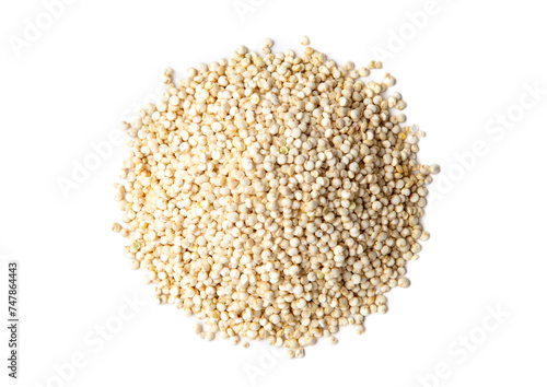 Heap of Organic White Quinoa. Healthy Eating Concept. Top View. Isolated on White Background.