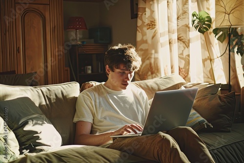Handsome Caucasian Man Working on Laptop Computer while Sitting on a Sofa Couch in Stylish Cozy Living Room. Freelancer Working From Home. Browsing Internet, Using Social Networks, Having Fun. © akimtan