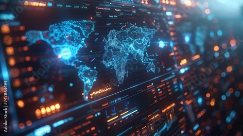 HUD user interface with 3D world map and business data charts. Digital dashboard panel with blue holograms  circular diagram  stats.