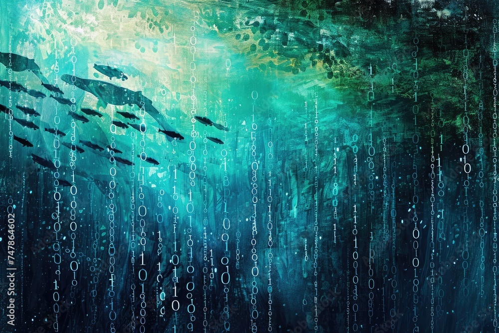 A vibrant painting showcasing a group of fish swimming together in crystal clear blue water, Underwater scene depicted through binary code, AI Generated