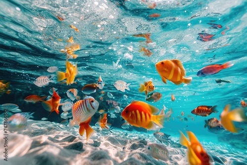 A school of fish swimming together in the vast expanse of the ocean, Underwater view of whimsical, colorful fish in a clear blue river, AI Generated © Iftikhar alam