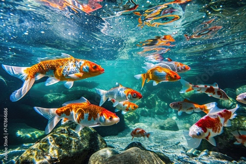 A group of fish swim together in the clear blue water, creating a lively and dynamic underwater scene, Underwater view of whimsical, colorful fish in a clear blue river, AI Generated
