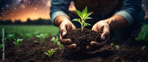 Expert hand of farmer checking soil health before growth a seed of vegetable or plant seedling, Business or ecology concept, analyze complex data sets in real-time, with a digital interface overlaid photo