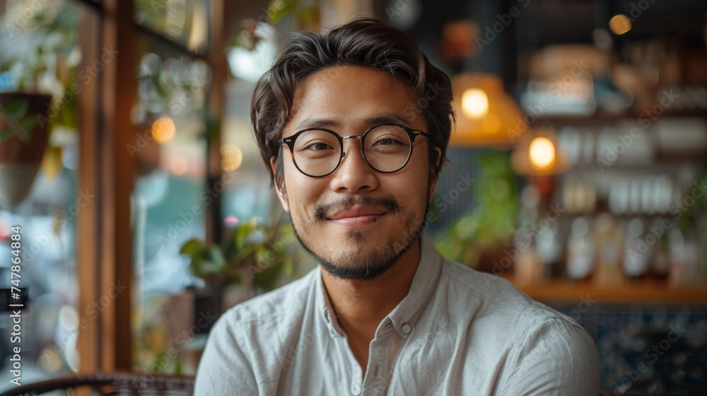 An image of a calm man casually seated inside a charming coffee house, thoughtfully observing the surroundings An image of a calm man casually seated inside a charming coffee house, thoughtfully observing the surroundings