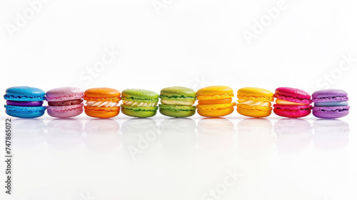 Colorful macarons in a row, isolated on a white background