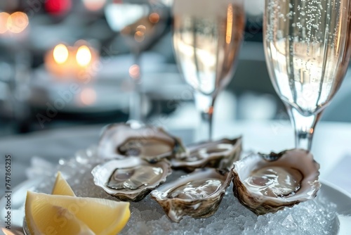 A plate of fresh oysters accompanied by a glass of sparkling champagne, elegantly arranged on a tablecloth, Upscale dining experience with oysters and champagne, AI Generated