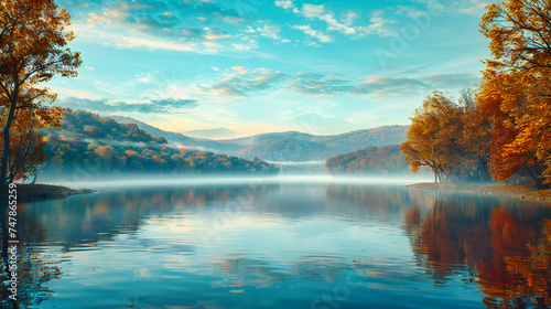 Peaceful Autumn Lake with Forest Reflection, Foggy Morning Scenery, Tranquil Travel Destination