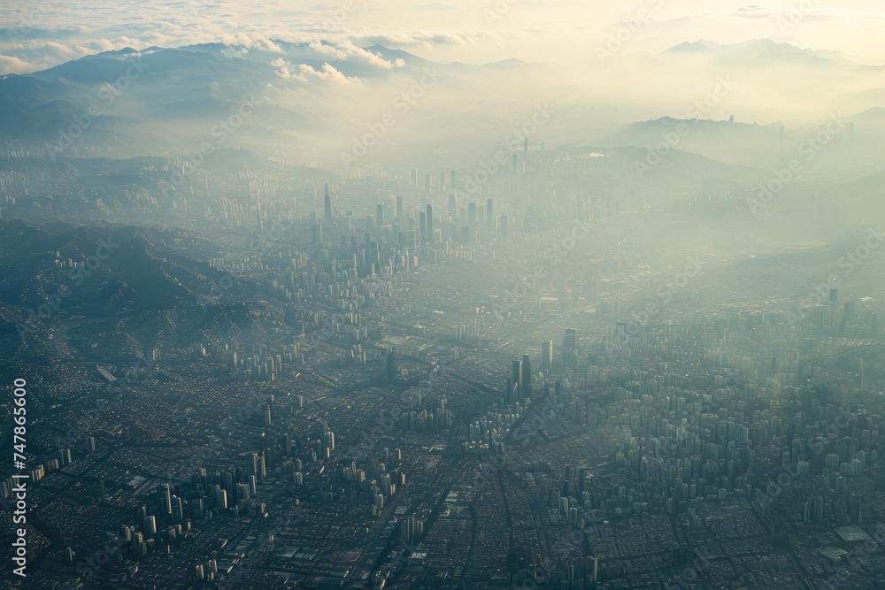 An expansive urban landscape covered in a thick layer of fog, obscuring the buildings, streets, and landmarks below, Urban sprawl of a city viewed from a helicopter, AI Generated An expansive urban landscape covered in a thick layer of fog, obscuring the buildings, streets, and landmarks below, Urban sprawl of a city viewed from a helicopter, AI Generated