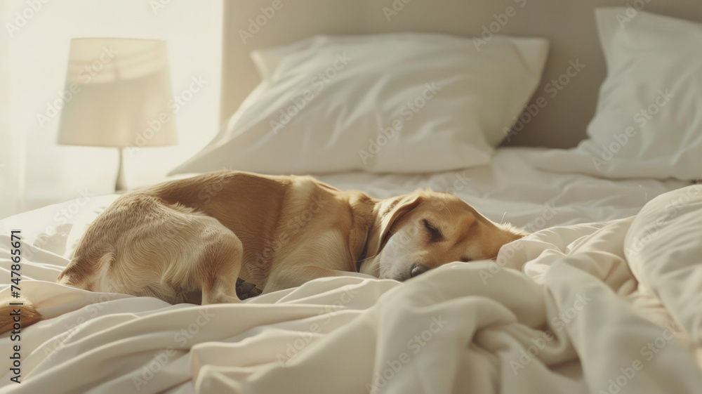 Serene dog asleep on a cozy bed bathed in morning light. Serene dog asleep on a cozy bed bathed in morning light.
