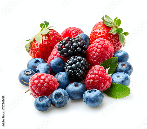 Assort berries of blackberry, raspberry and blueberries on white backgrounds