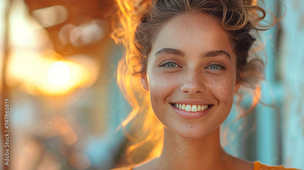 Backlit portrait showcasing vibrant hair and warm tones of sunset, capturing a serene moment in a young woman's life Backlit portrait showcasing vibrant hair and warm tones of sunset, capturing a serene moment in a young woman's life