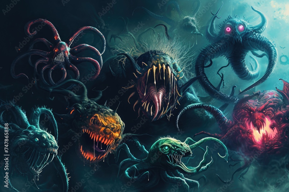 Darkness Reveals a Group of Mysterious and Bizarre Creatures, Various cybersecurity threats represented as menacing creatures, AI Generated Darkness Reveals a Group of Mysterious and Bizarre Creatures, Various cybersecurity threats represented as menacing creatures, AI Generated